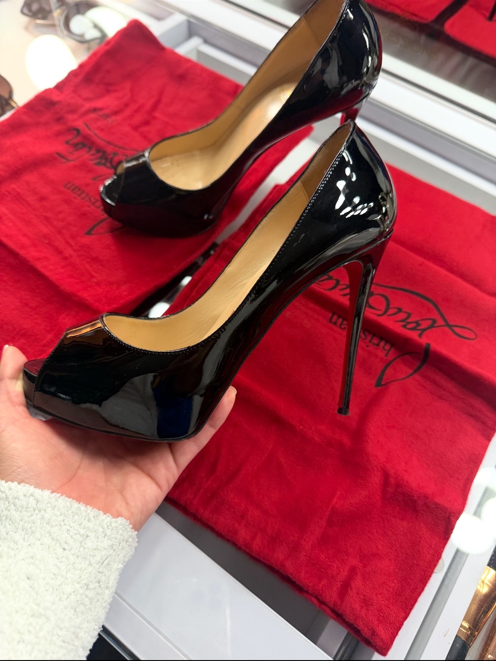 Christian Louboutin Black Patent Peep-Toe Stilettos with Red Soles